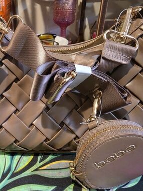 bebe taupe woven shoulder bag with detachable coin pouch